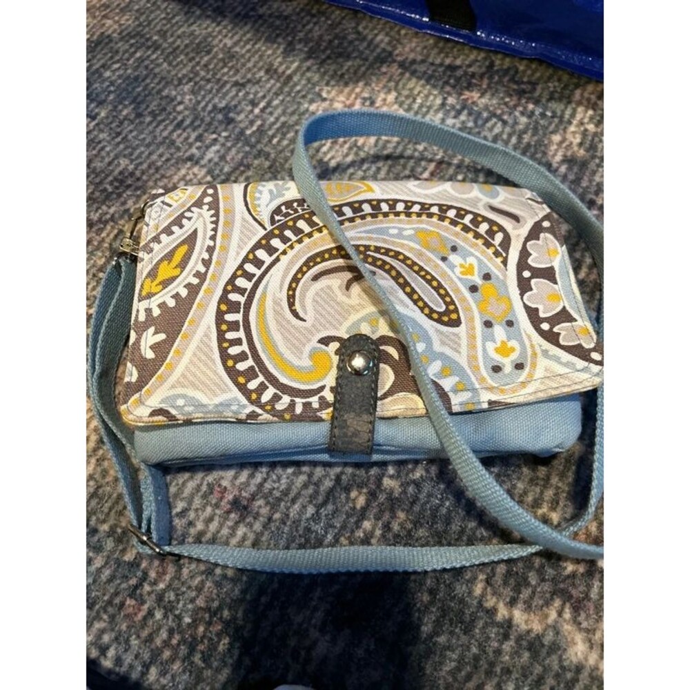 Thirty-One Paisley Wallet Bag Organizer Blue Gray Yellow Retired Print